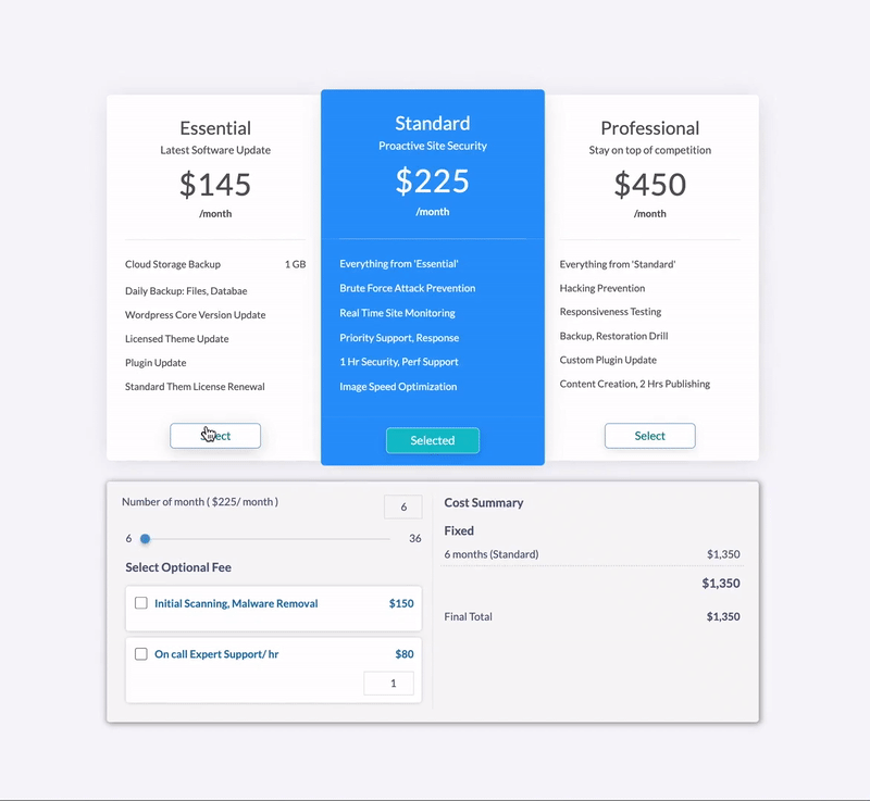 Tiered pricing table in sales proposal format
